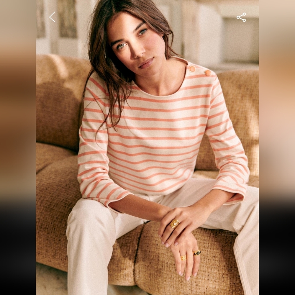 Sezane Colette 100% Organic Cotton Orange and White Striped Long Sleeve Tee - Picture 2 of 4